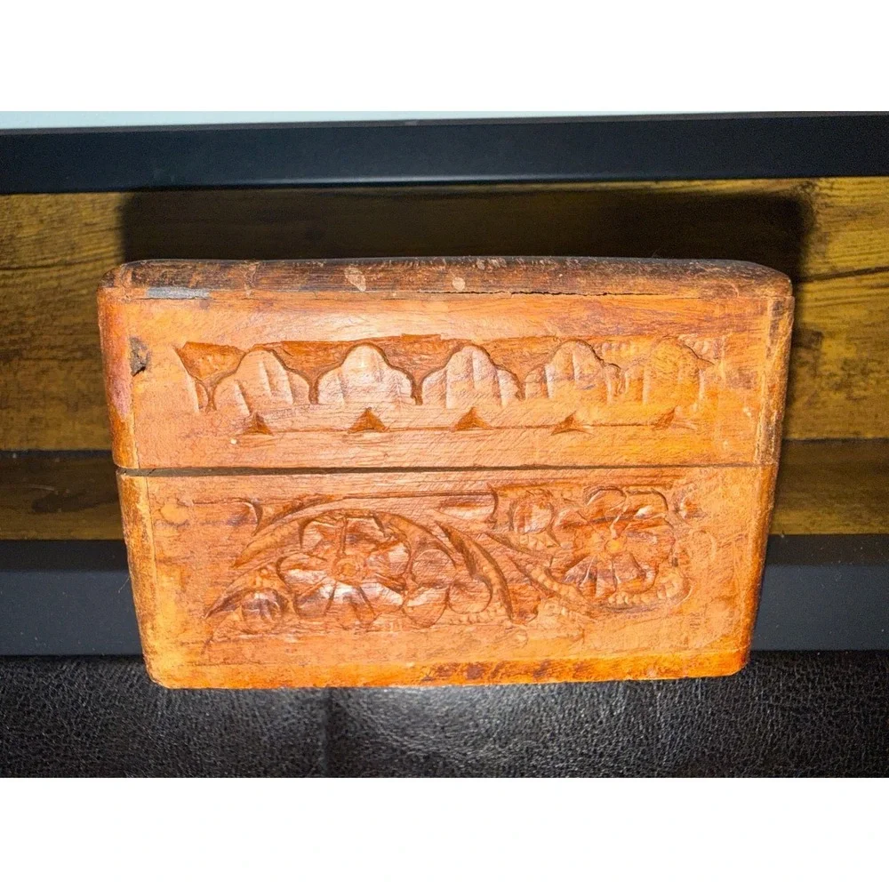 Vintage Hand Carved Wooden Trinket Jewelry Box Floral Made In India
